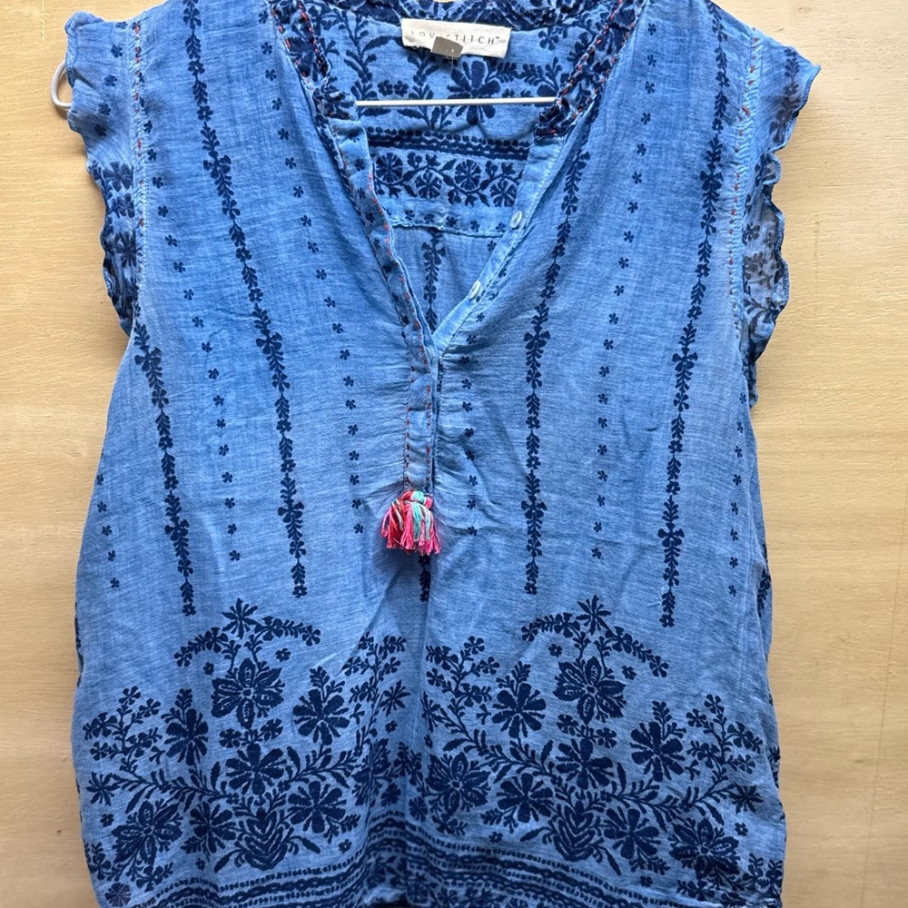 Lovestitch Blue Cap Sleeve Blouse with Tie Front